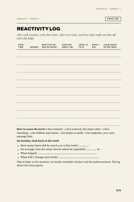 21 printable sheets: here, the reactivity log
