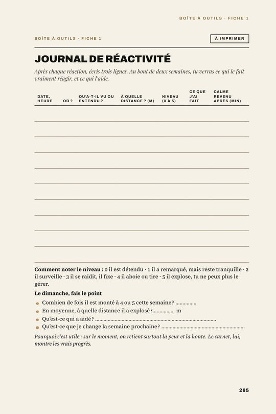 21 fiches à imprimer : ici, le journal de réactivité