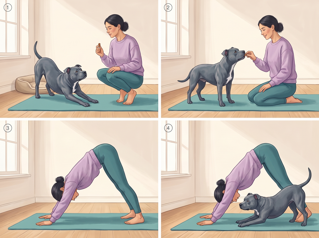 Planche pas à pas : le salut du chien, posture du chien tête en bas en miroir