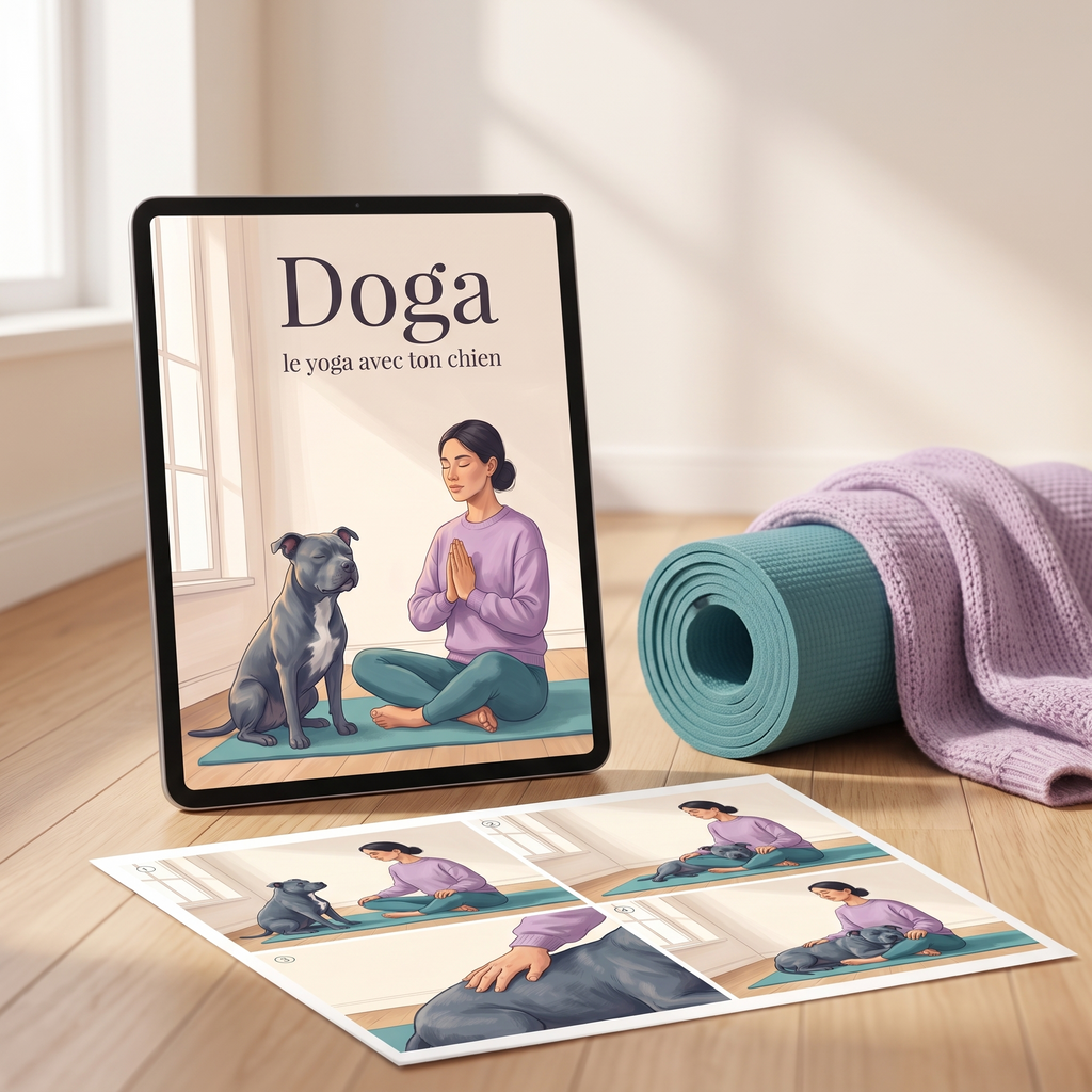 Ebook Doga, le yoga avec ton chien, sur tablette avec une planche illustrée imprimée